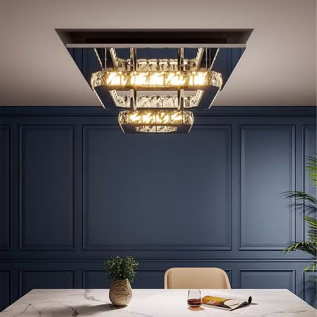 Livingandhome Square Crystal LED Semi Flush Ceiling Light, Dimmable, Silver or Gold/Brass with Transparent Crystal