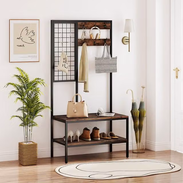 Costway Industrial Hall Tree with Bench and Hooks in Brown