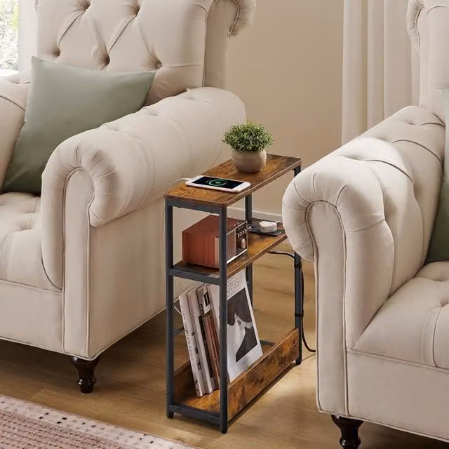 The Bazaarist Slim Nightstand with USB Charging Station and Magazine Rack in Rustic Brown and Ink Black