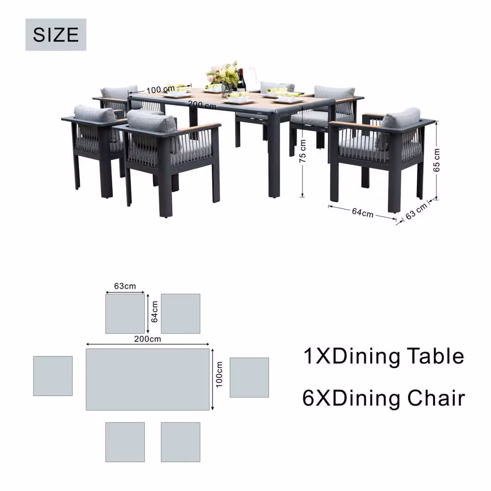 MIMO Grey Powder Coated Aluminium Outdoor Garden Dining Set with 6 Chairs and Teak Armrests – 5