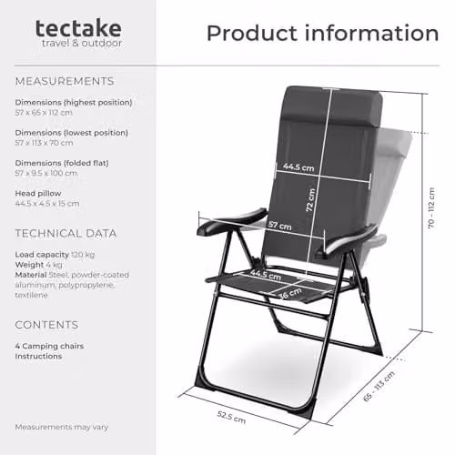 tectake Set of 4 Folding Camping Chairs with Adjustable Backrest and Soft Head Cushions in Anthracite – 3