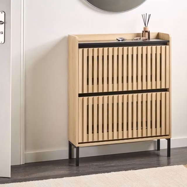 Wyld and Coco Brown Scandinavian Tilt-Out Shoe Cabinet with 2 Drawers and Ventilation, W/D/H: 80 x 25 x 100 cm – 1