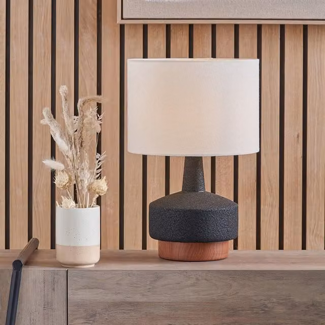 Pacific Lifestyle Black Wood Effect Textured Ceramic Table Lamp with White Fabric Shade