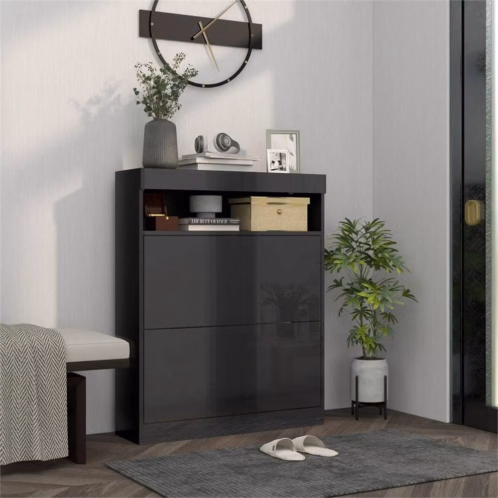 Nordara Glossy Black Modern Shoe Cabinet with 2 Tilting Compartments, Wall Mounted or Freestanding, W/D/H: 80 x 24 x 99.5 cm – 5