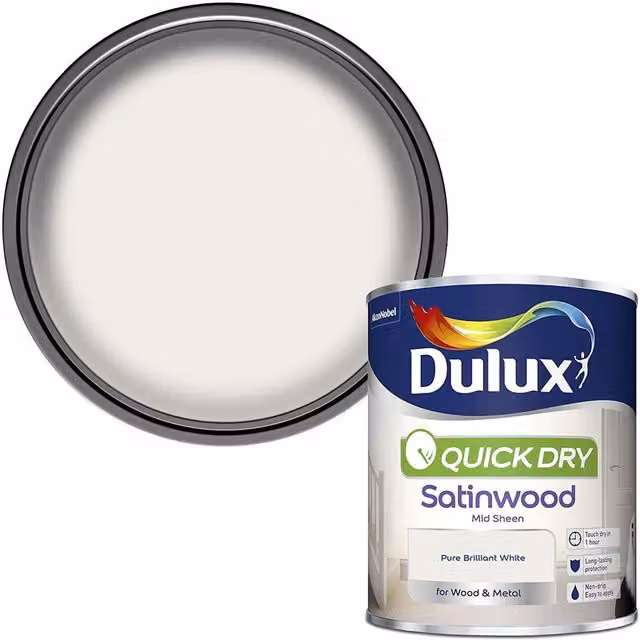 Dulux Quick Dry Mid Sheen Satinwood Wood Paint in White, 0.75 l