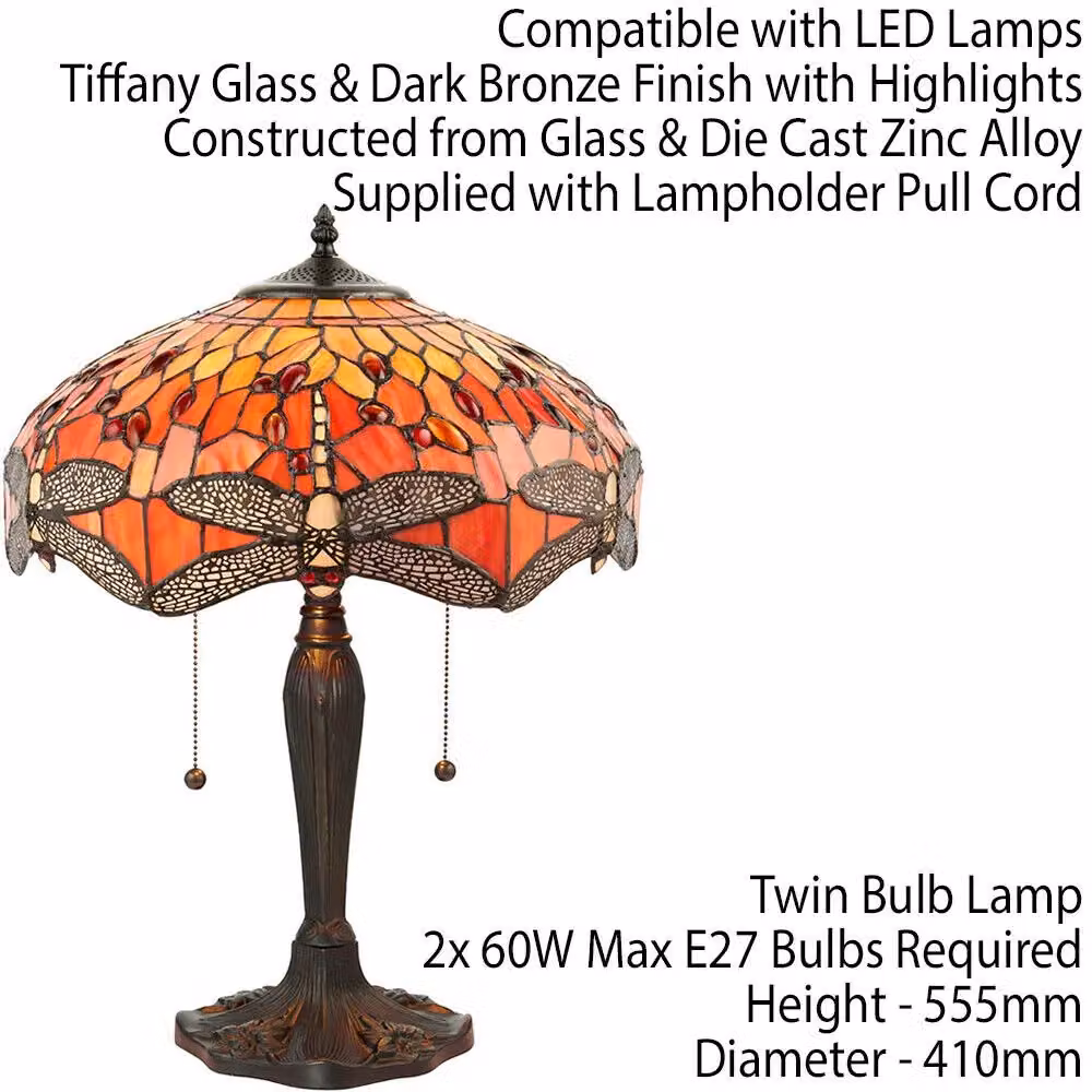 Loops Tiffany Glass Table Lamp with Orange and Red Dragonfly Shade and Dark Bronze Base – 2