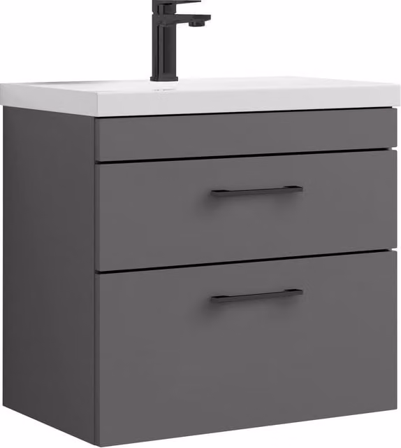 Balterley Modern Glossy 2 Drawer Wall Hung Bathroom Vanity Basin Unit in Grey, Width: 60 cm – 1