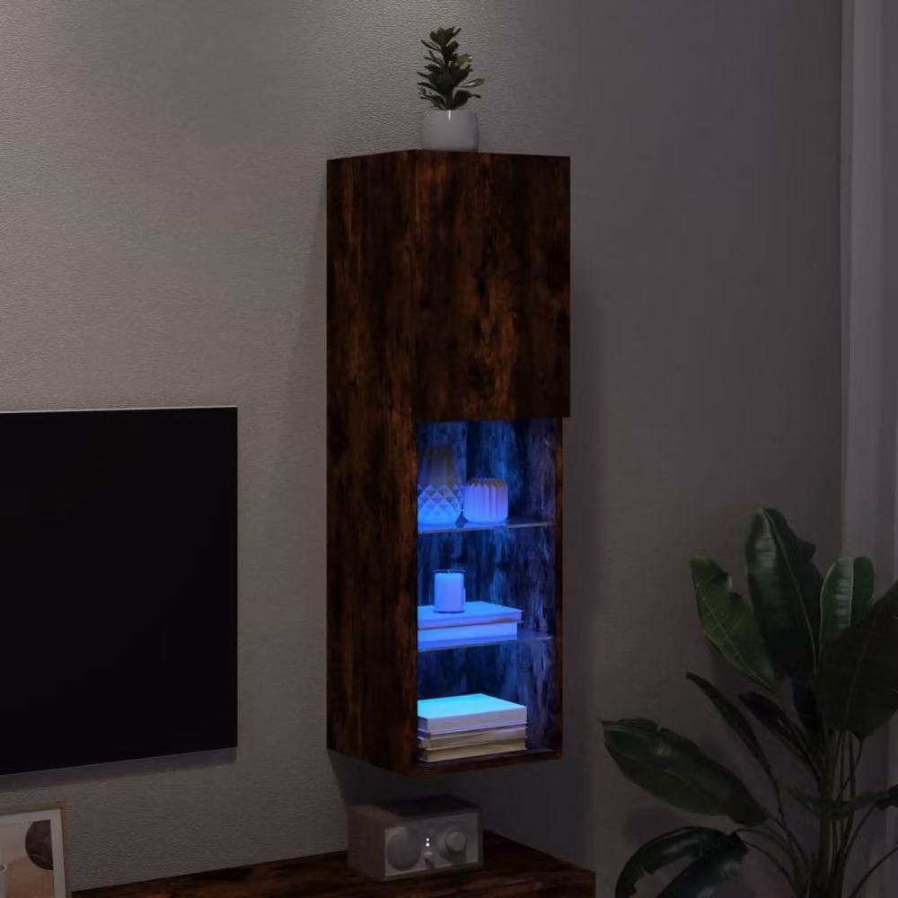 Berkfield Home Modern TV Cabinet with Integrated LED Lights and Glass Doors in Smoked Oak Brown, W/D/H: 30.5 x 30 x 102 cm – 4