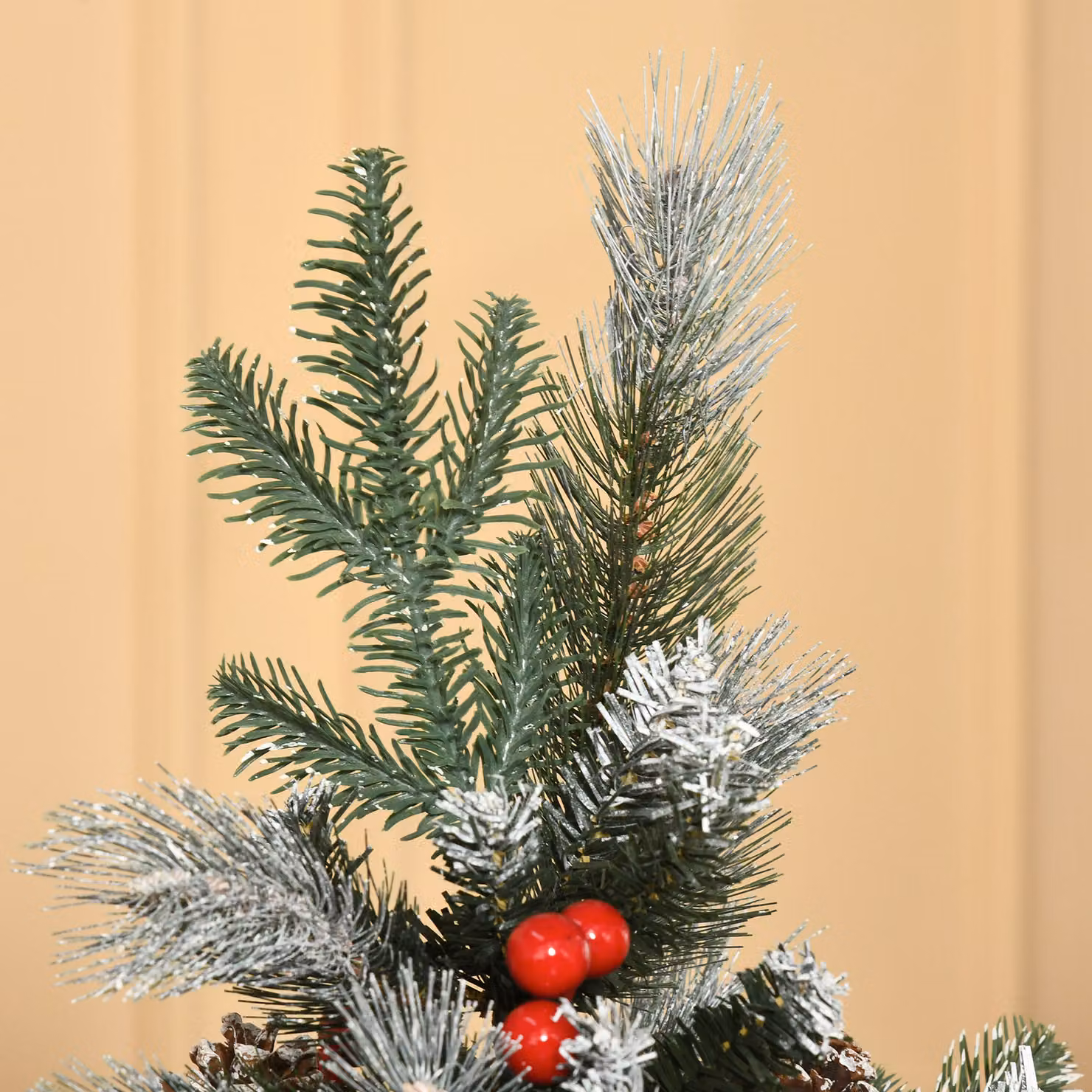 HOMCOM 5ft Artificial Snow Dipped Christmas Pencil Tree with Berries and Pinecones, Green and Red – 6