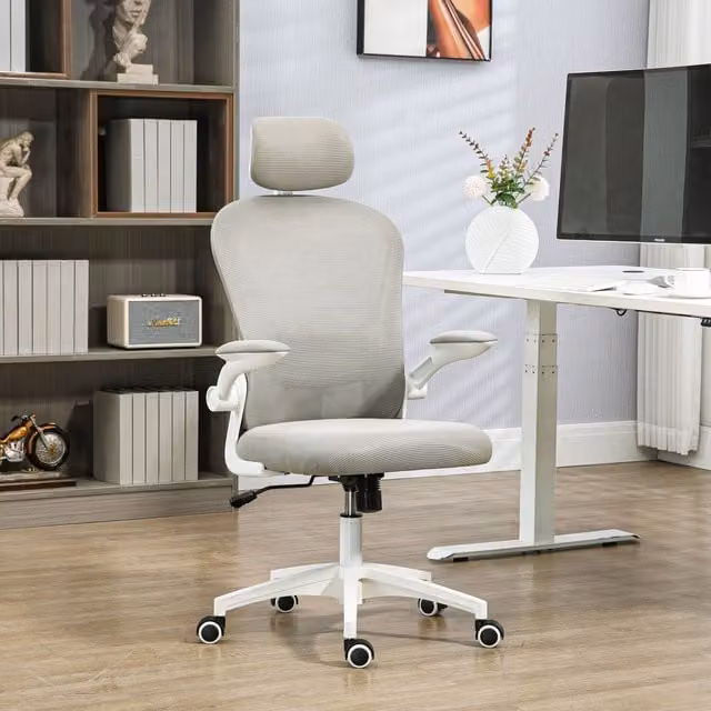 Vinsetto Ergonomic Mesh Computer Desk Chair with Rotatable Headrest, Armrests and Castors, Grey
