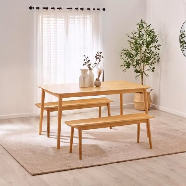 FurnitureboxUK Lynton Mid-Century Wooden Dining Table and 2 Benches Set, Brown, W: 120 cm