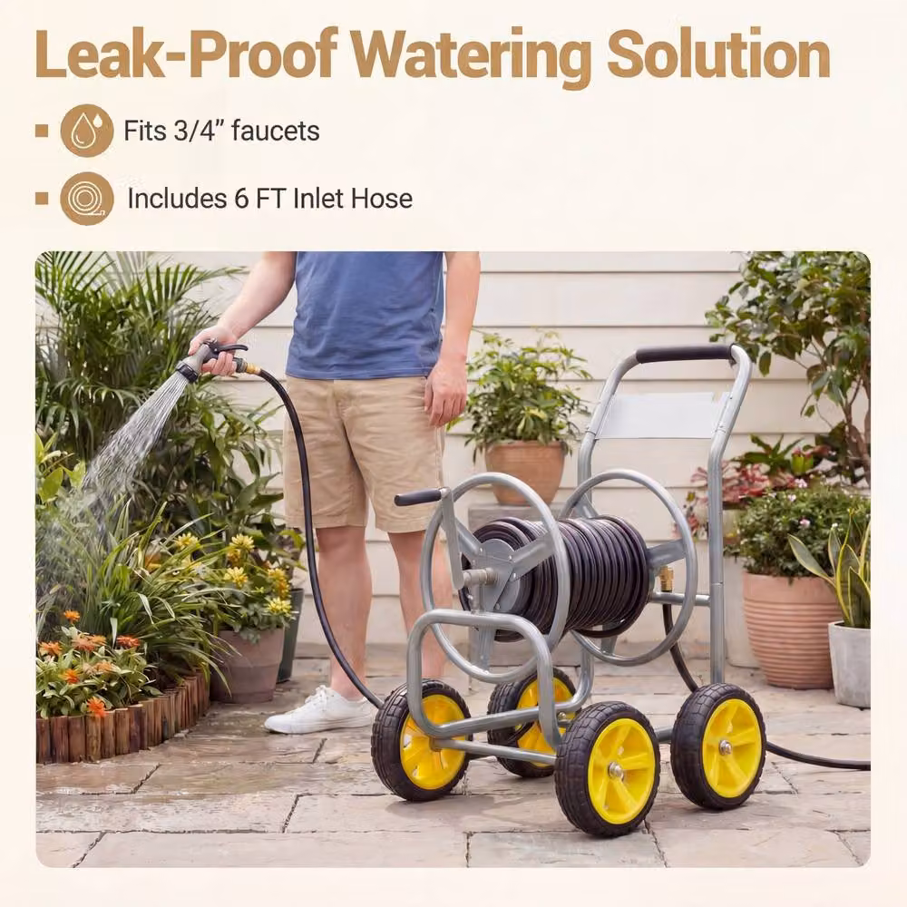 Costway Silver Metal 4-Wheel Garden Hose Reel Cart and Water Hose Organiser – 3
