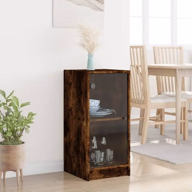 Berkfield Home Side Cabinet with Glass Doors in Smoked Oak Brown, W/D/H: 35 x 37 x 75.5 cm
