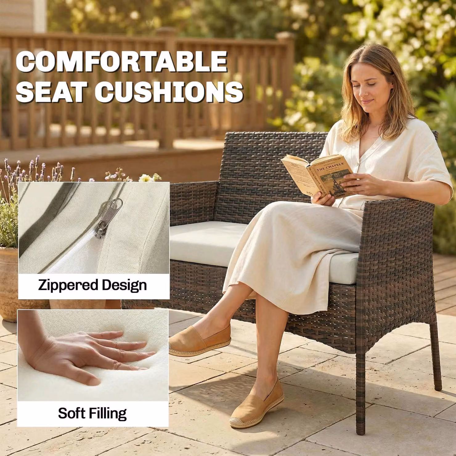 Outsunny 4 Piece Rattan Garden Furniture Set in Brown with 2 Seater Sofa, Armchairs, Glass Top Coffee Table and Upholstered Cushions – 5