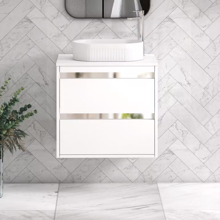 Royal Bathrooms Orion 600mm Matt White Wall Hung 2 Drawer Vanity Unit with Lyon Basin and Chrome Accent Trim