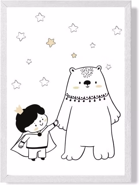 ARTZE Scandi Prince Little Boy with Bear Framed Paper Poster, Black and White