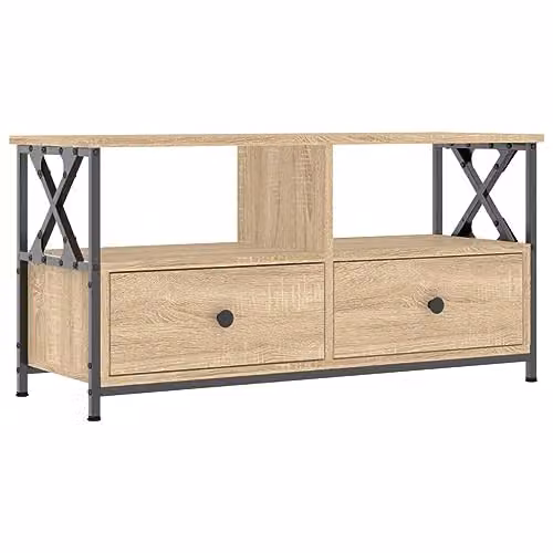 vidaXL Industrial Style TV Cabinet in Brown Smoked Oak and Metal with Media Compartments, W/D/H: 90 x 33 x 45 cm – 1