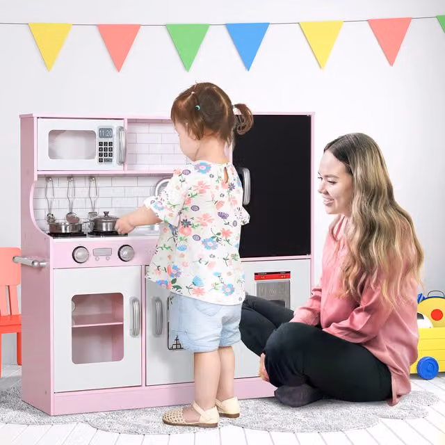 AIYAPLAY Pink Wooden Play Kitchen Pretend Toy Kitchen with Toy Phone