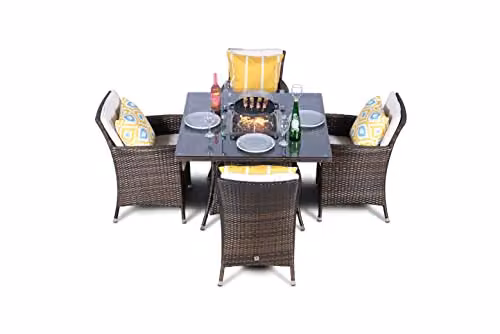 Giardino Savannah 4 Seater Rattan Fire Pit Dining Set in Brown, Square W/D: 110 x 110 cm – 1