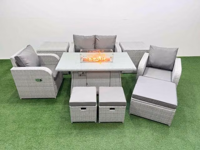 Fimous 7 Seater Light Grey PE Wicker Rattan Garden Furniture Set with Sofa, Reclining Chairs, Firepit Dining Table, 3 Stools and 2 Side Tables