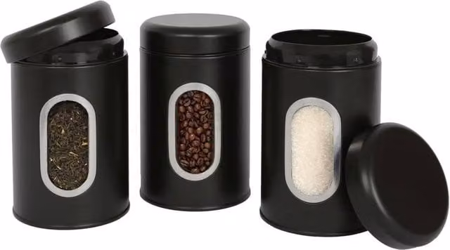 Havendro 3 Pack Black Stainless Steel Airtight Tea, Coffee and Sugar Canisters with Window – 1