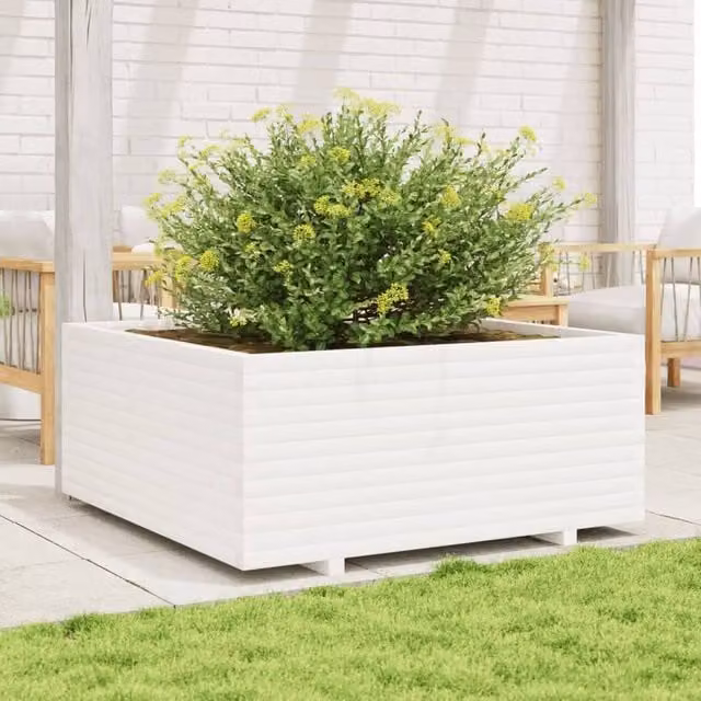 Berkfield Home Beautiful Garden Planter Tub in White Solid Pine Wood, W/D/H: 110 x 110 x 49.5 cm