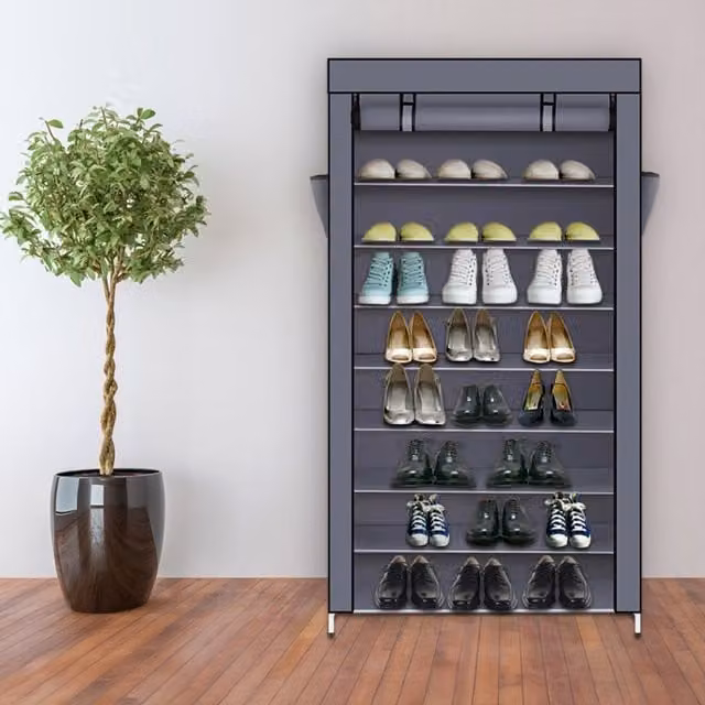 B Living 9 Tier Freestanding Metal Shoe Rack Storage Unit in Grey