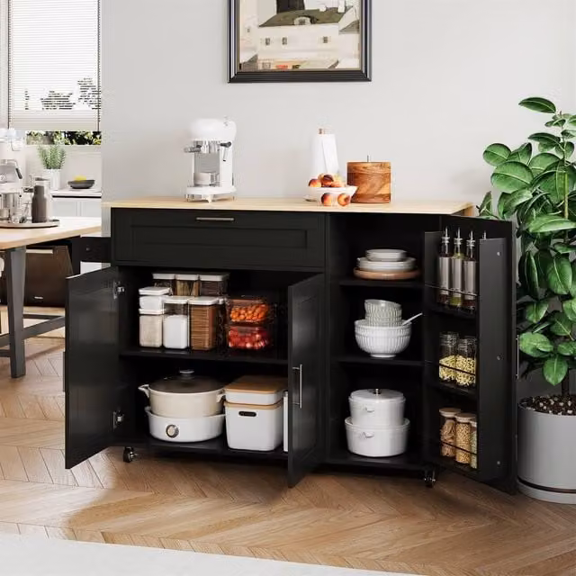 Merax Black Kitchen Island Trolley with Foldable Worktop and Rolling Metal and Wood Design