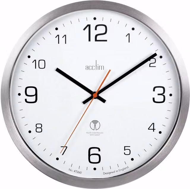Acctim Atomik Radio Controlled Silent Analog Wall Clock in Metallic Silver with Brushed Metal Case, Diameter: 30 cm