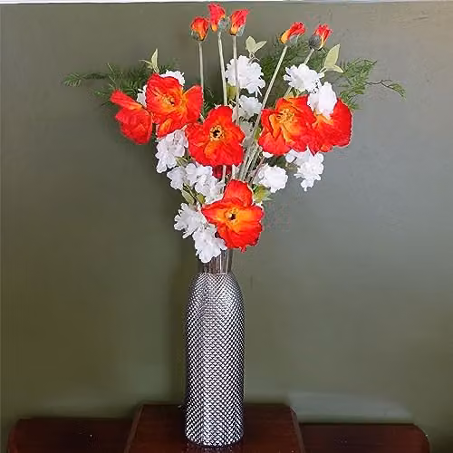 Leaf Design UK 100cm Artificial Poppy and White Blossom Floral Arrangement in a Red Glass Vase – 2