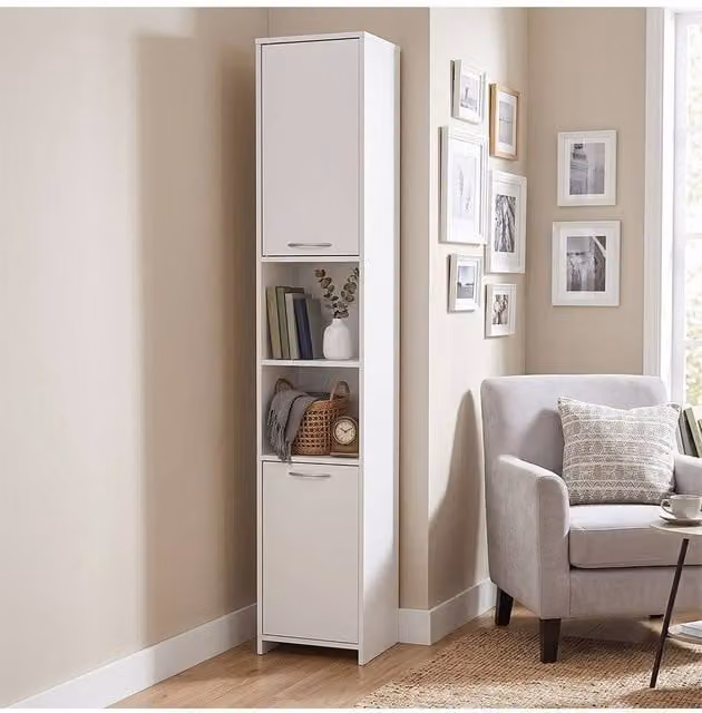 Living and Home Modern Tall Freestanding Bathroom Storage Cabinet with Double Hinged Doors in White and Silver