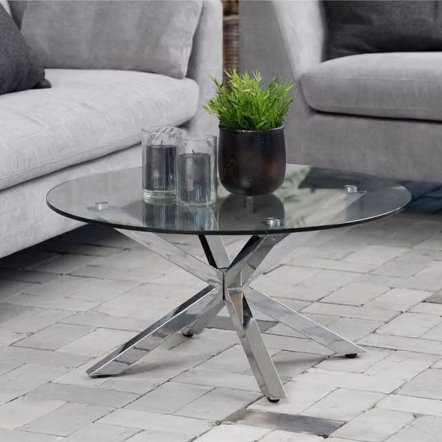 Furniture To Go Heaven Round Coffee Table with Transparent Glass Top and Silver Metal X-Frame Legs