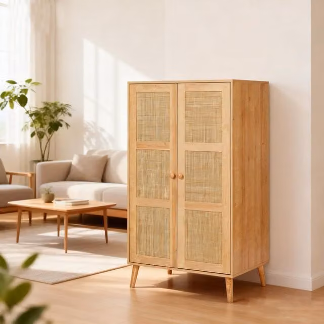 Furniture One Mid-Century Fluted Rattan Wardrobe Closet with Hinged Doors and Hanging Rod, Beige, Height: 139 cm