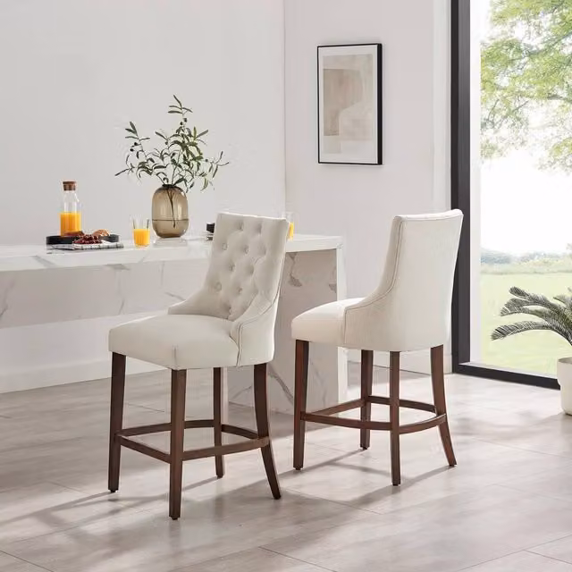 FurnitureboxUK Set of 2 Belgravia Beige Fabric Bar Chairs with Walnut Effect Legs
