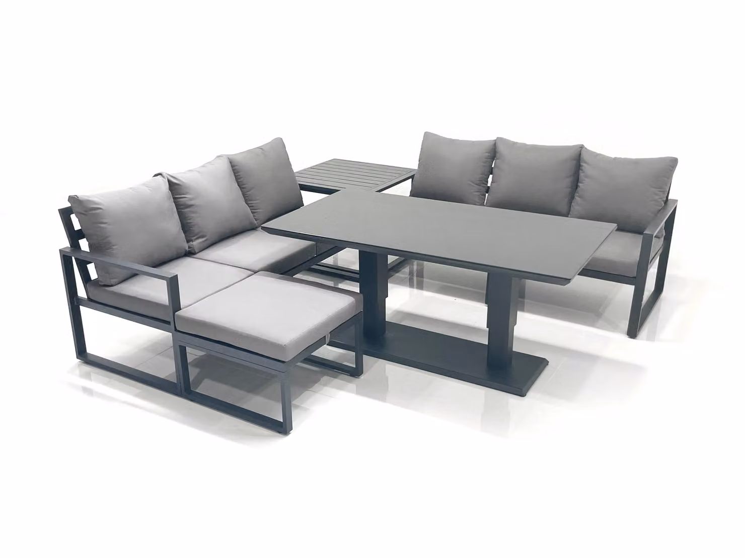 Fimous 7 Seater Aluminium Outdoor Garden Furniture Set in Dark Grey with Adjustable Rising Dining Table, 3 Seater Sofa, Big Footstool and Side Table – 2