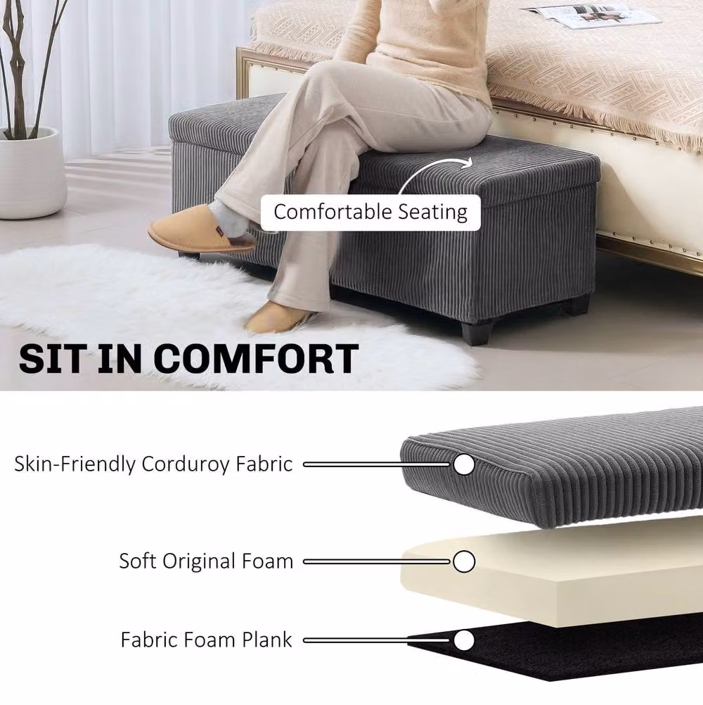 STILVORA Grey Fabric Storage Ottoman Bench with Hidden Storage, Width: 112 cm – 5
