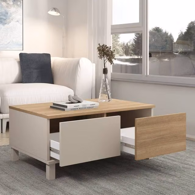 Calicosy Coffee Table with 2 Drawers and 1 Niche in Beige and Oak Finish, W: 90 cm, D: 60 cm, H: 40 cm