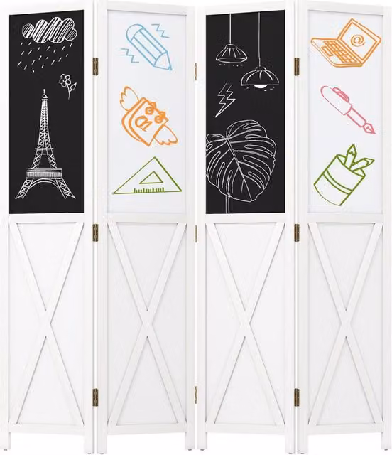 Costway 4-Panel Folding Room Divider with 2 Blackboards and 2 Whiteboards in White – 1