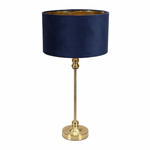 ValueLights Maggie Gold Metal Candlestick Table Lamp with Dark Navy Velvet Drum Shade and Warm White Bulb – 1