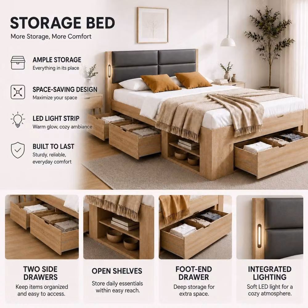BTM 3FT Single Storage Bed with Three Drawers and Integrated LED Reading Light in Natural Oak – 4