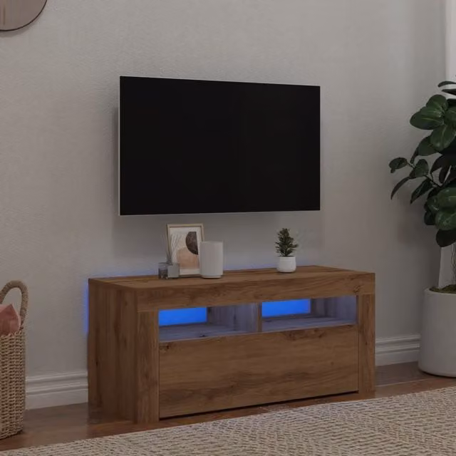 Berkfield Home Modern TV Cabinet with LED Lights in Artisan Oak, W/D/H: 90 x 35 x 40 cm