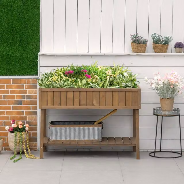 Outsunny Brown Wooden Raised Bed Herb Garden Planter with 8 Cubes and Bottom Shelf – 1