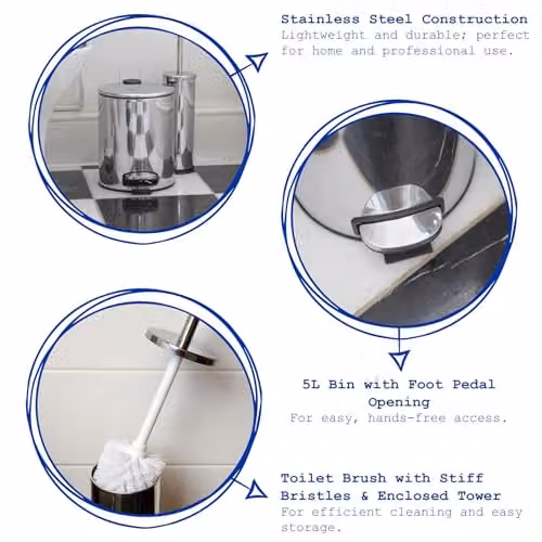Harbour Housewares 5L Stainless Steel Pedal Bin and Toilet Brush Set in Silver, H 26.0 x W 22.5 x D 20.0 cm – 2