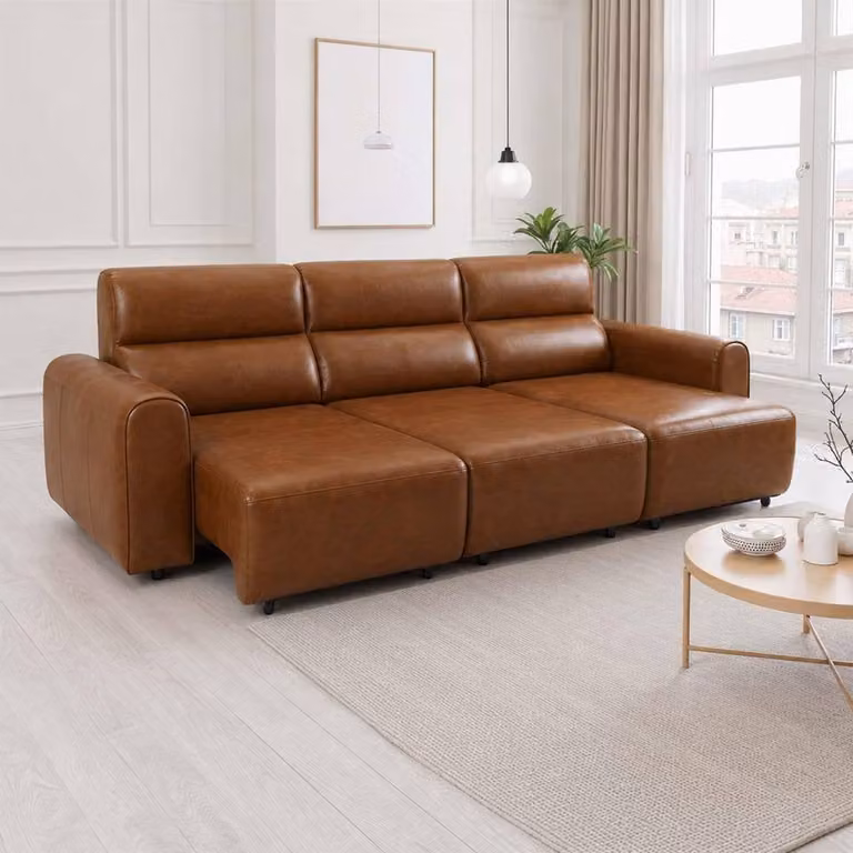 Furnishings For Less UK Corby Brown 3 Seater Electric Recliner Sofa in Synthetic Leather with High Back