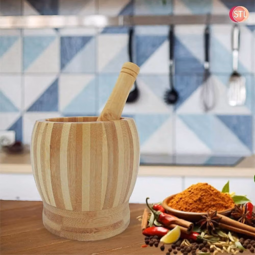 PAWNORA Bamboo Pestle and Mortar Set in Natural Brown, Diameter: 11 cm – 4