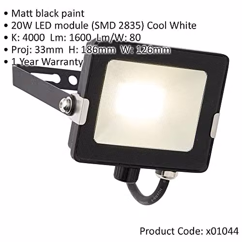 Loops 2 Pack Outdoor Waterproof LED Floodlight, 20W Cool White, Matt Black Aluminium and Glass, IP65 Rated – 2