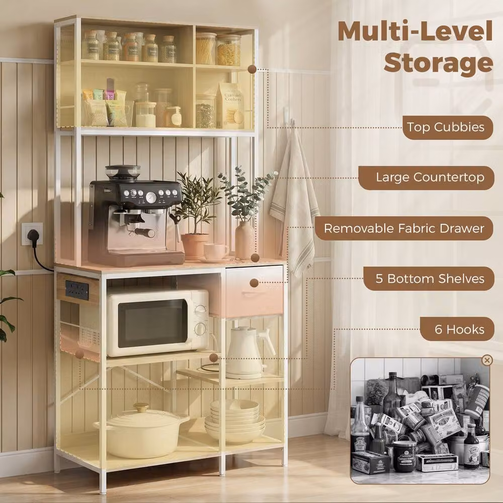 HOMCOM Kitchen Baker's Rack Microwave Stand with Integrated Lighting in White and Beige, W/D/H: 80 x 40 x 181 cm – 4