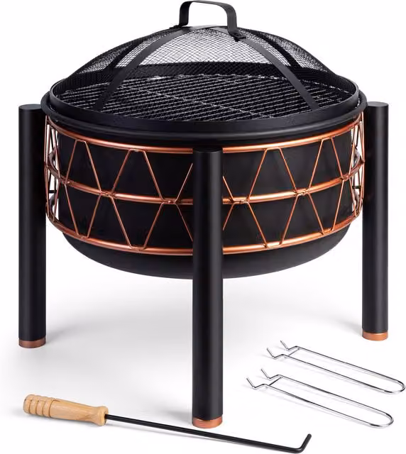 Vonhaus Black Steel Fire Bowl with Copper Rim, Diameter: 54 cm