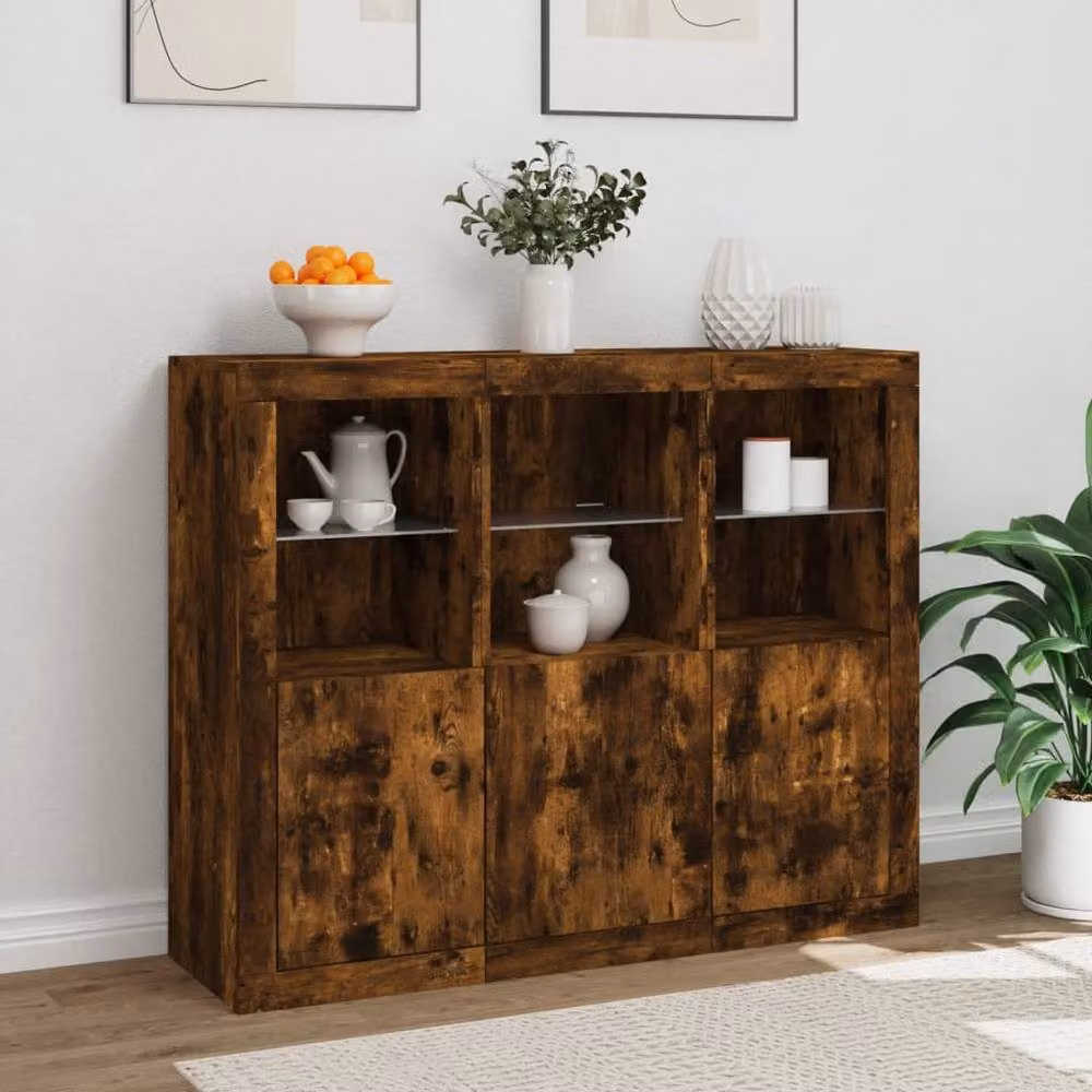 Berkfield Home Set of 3 Modern Sideboards with Integrated LED Lighting in Smoked Oak Brown – 4