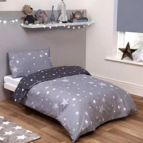 Dreamscene Galaxy Stars Reversible Kids Duvet Cover and Pillowcase Bedding Set, Silver Grey, Single (90 x 200 cm)